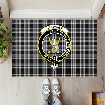 Stewart Black and White Tartan Door Mat with Family Crest