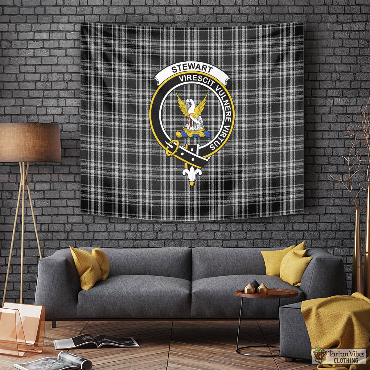 Tartan Vibes Clothing Stewart Black and White Tartan Tapestry Wall Hanging and Home Decor for Room with Family Crest