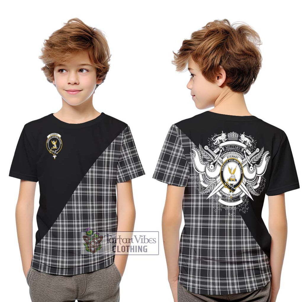 Stewart Black and White Tartan Kid T-Shirt with Family Crest and Military Logo Style Youth XL Size14 - Tartanvibesclothing Shop