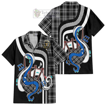 Stewart Black and White Tartan Short Sleeve Button Shirt with Epic Bagpipe Style