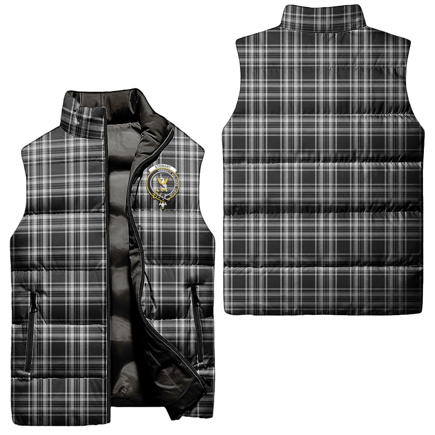 Stewart Black and White Tartan Sleeveless Puffer Jacket with Family Crest Unisex - Tartanvibesclothing