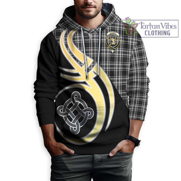 Stewart Black and White Tartan Hoodie with Family Crest and Celtic Symbol Style