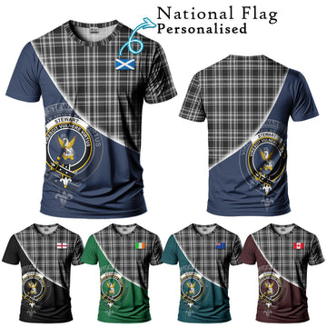 Stewart Black and White Tartan T-Shirt with Personalised National Flag and Family Crest Half Style