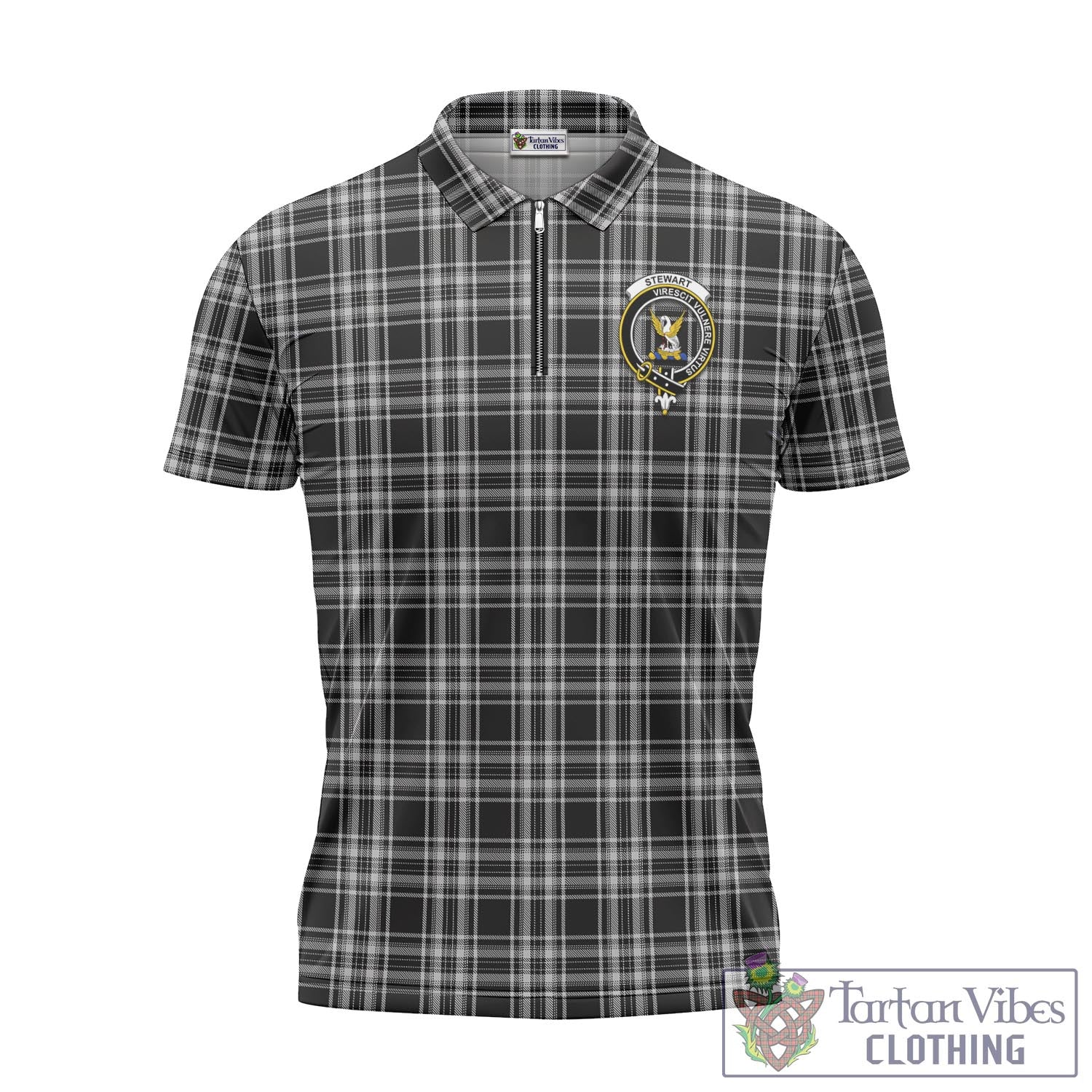 Tartan Vibes Clothing Stewart Black and White Tartan Zipper Polo Shirt with Family Crest