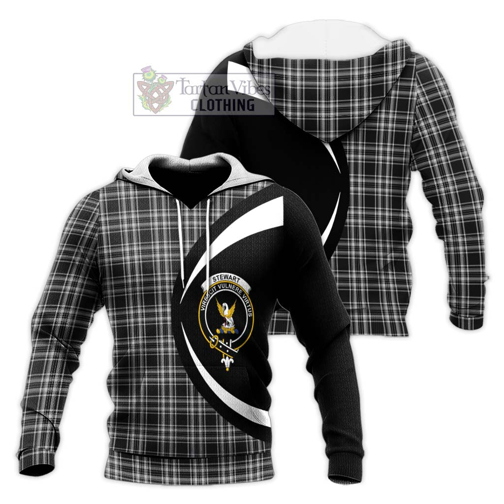 Stewart Black and White Tartan Knitted Hoodie with Family Crest Circle Style Unisex Knitted Pullover Hoodie - Tartan Vibes Clothing