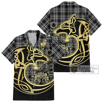 Stewart Black and White Tartan Short Sleeve Button Shirt with Family Crest Celtic Wolf Style