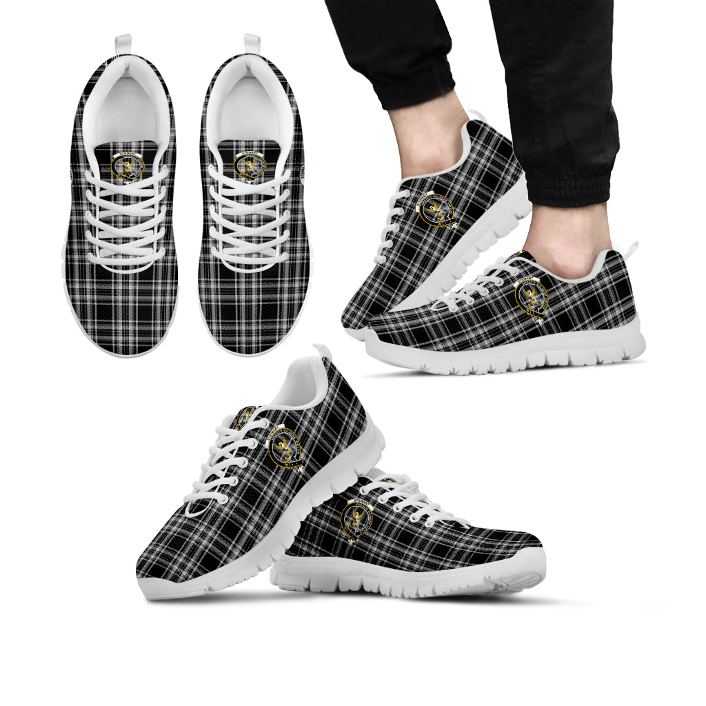 Stewart Black and White Tartan Sneakers with Family Crest Kid's Sneakers - Tartan Vibes Clothing