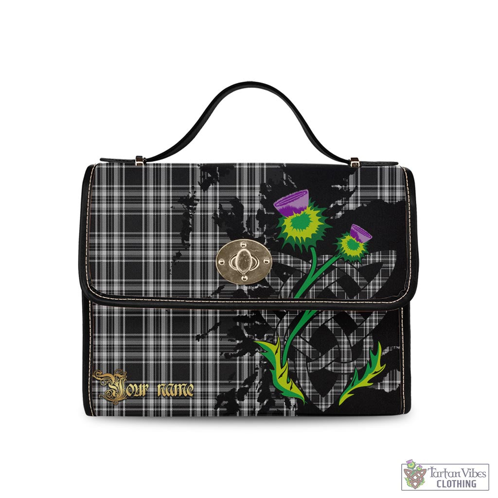 Tartan Vibes Clothing Stewart Black and White Tartan Waterproof Canvas Bag with Scotland Map and Thistle Celtic Accents