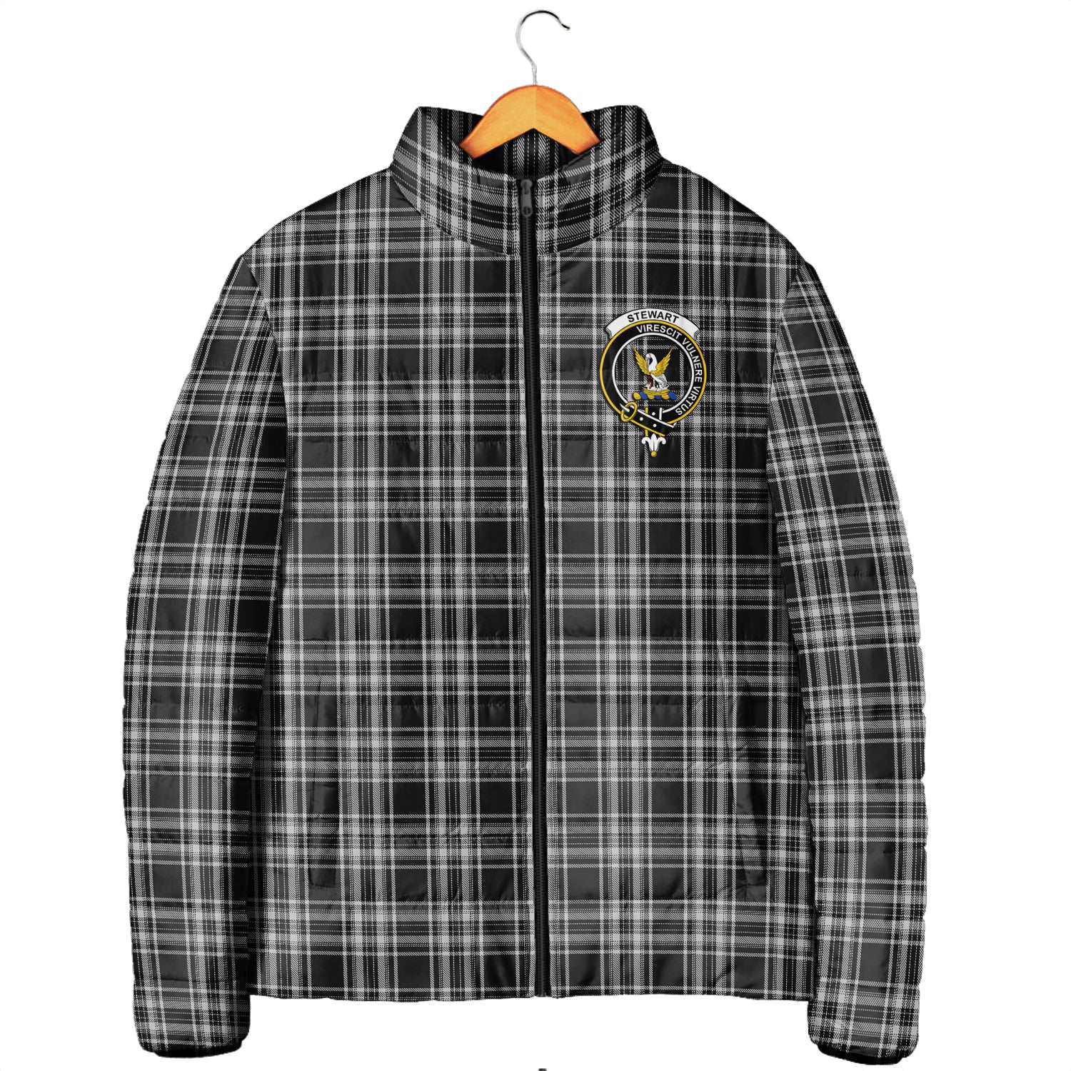 Stewart Black and White Tartan Padded Jacket with Family Crest Men's Padded Jacket - Tartan Vibes Clothing