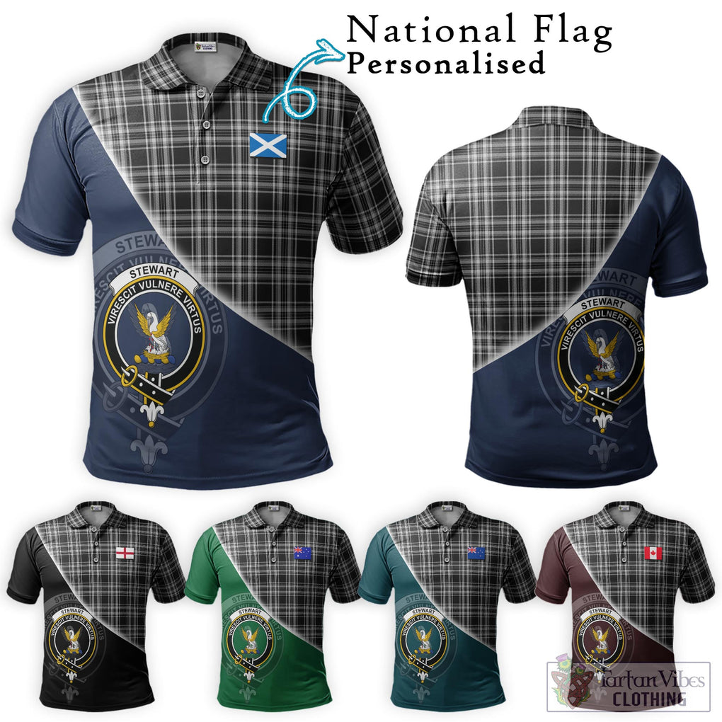 Stewart Black and White Tartan Polo Shirt with Personalised National Flag and Family Crest Half Style Maroon - Tartanvibesclothing Shop