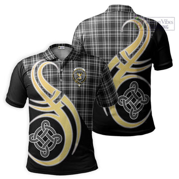 Stewart Black and White Tartan Polo Shirt with Family Crest and Celtic Symbol Style