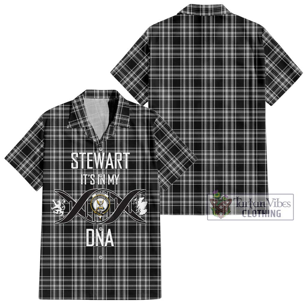 Stewart Black and White Tartan Short Sleeve Button Shirt with Family Crest DNA In Me Style Kid - Tartanvibesclothing Shop