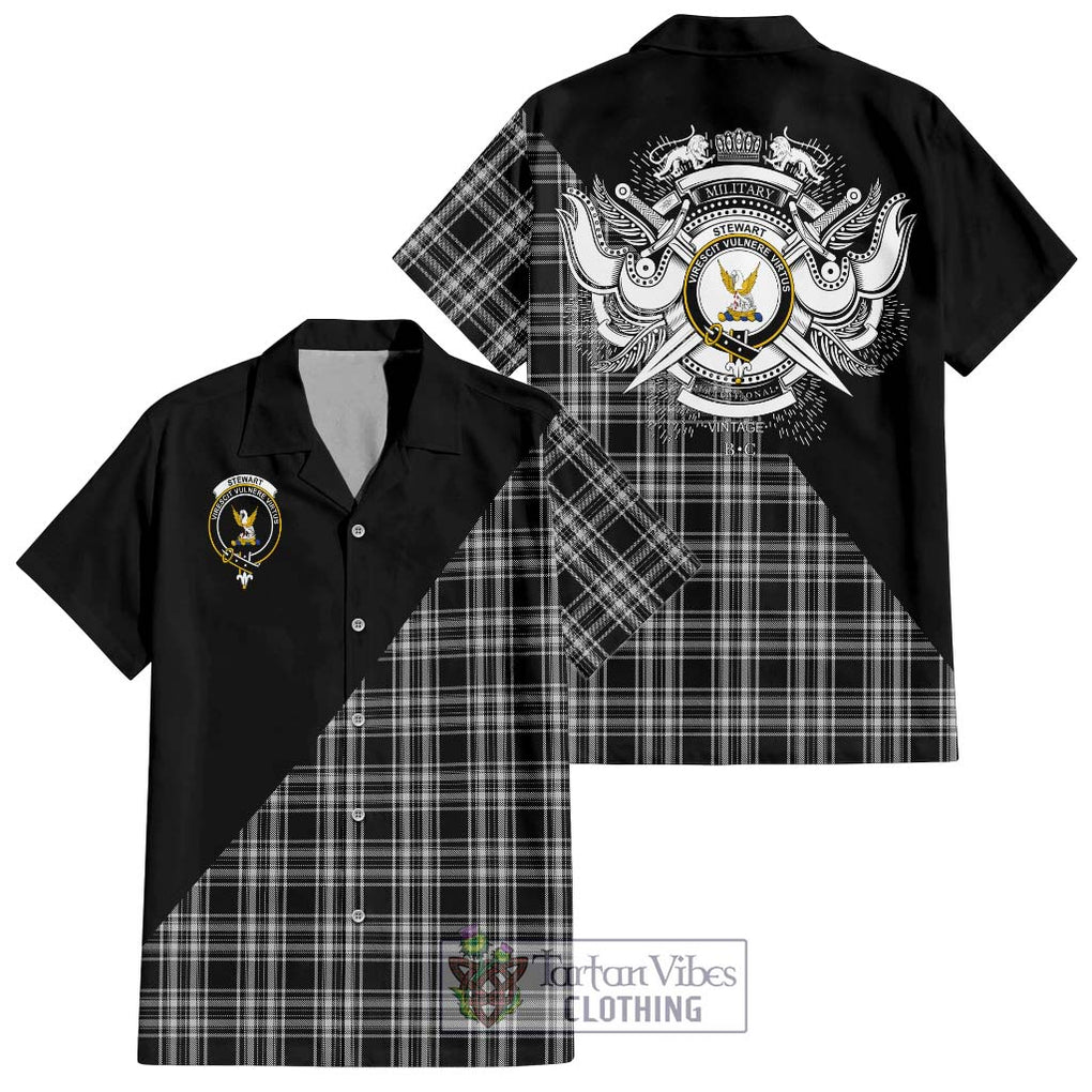 Stewart Black and White Tartan Short Sleeve Button Shirt with Family Crest and Military Logo Style Kid - Tartanvibesclothing Shop