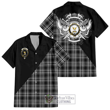 Stewart Black and White Tartan Short Sleeve Button Shirt with Family Crest and Military Logo Style