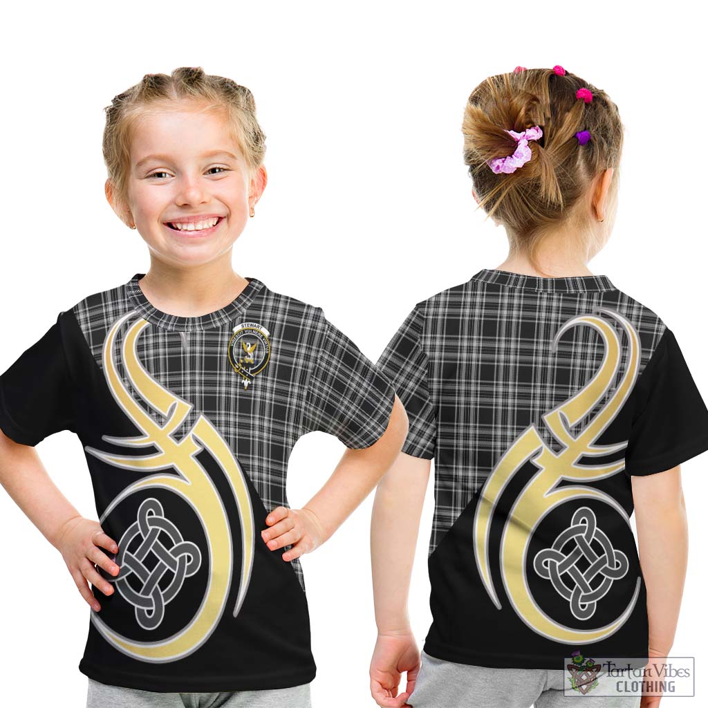 Stewart Black and White Tartan Kid T-Shirt with Family Crest and Celtic Symbol Style - Tartan Vibes Clothing