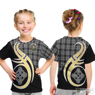 Stewart Black and White Tartan Kid T-Shirt with Family Crest and Celtic Symbol Style