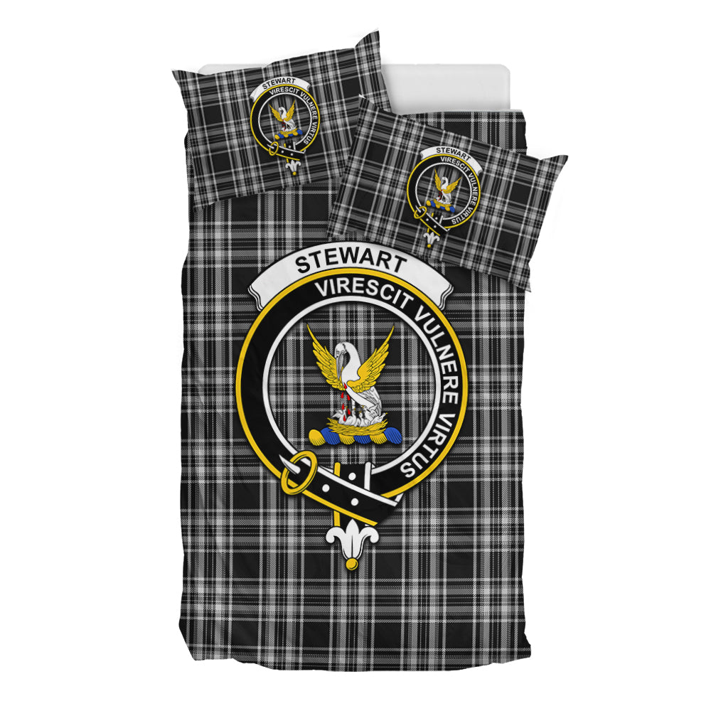 Stewart Black and White Tartan Bedding Set with Family Crest - Tartan Vibes Clothing