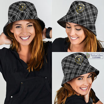 Stewart Black and White Tartan Bucket Hat with Family Crest