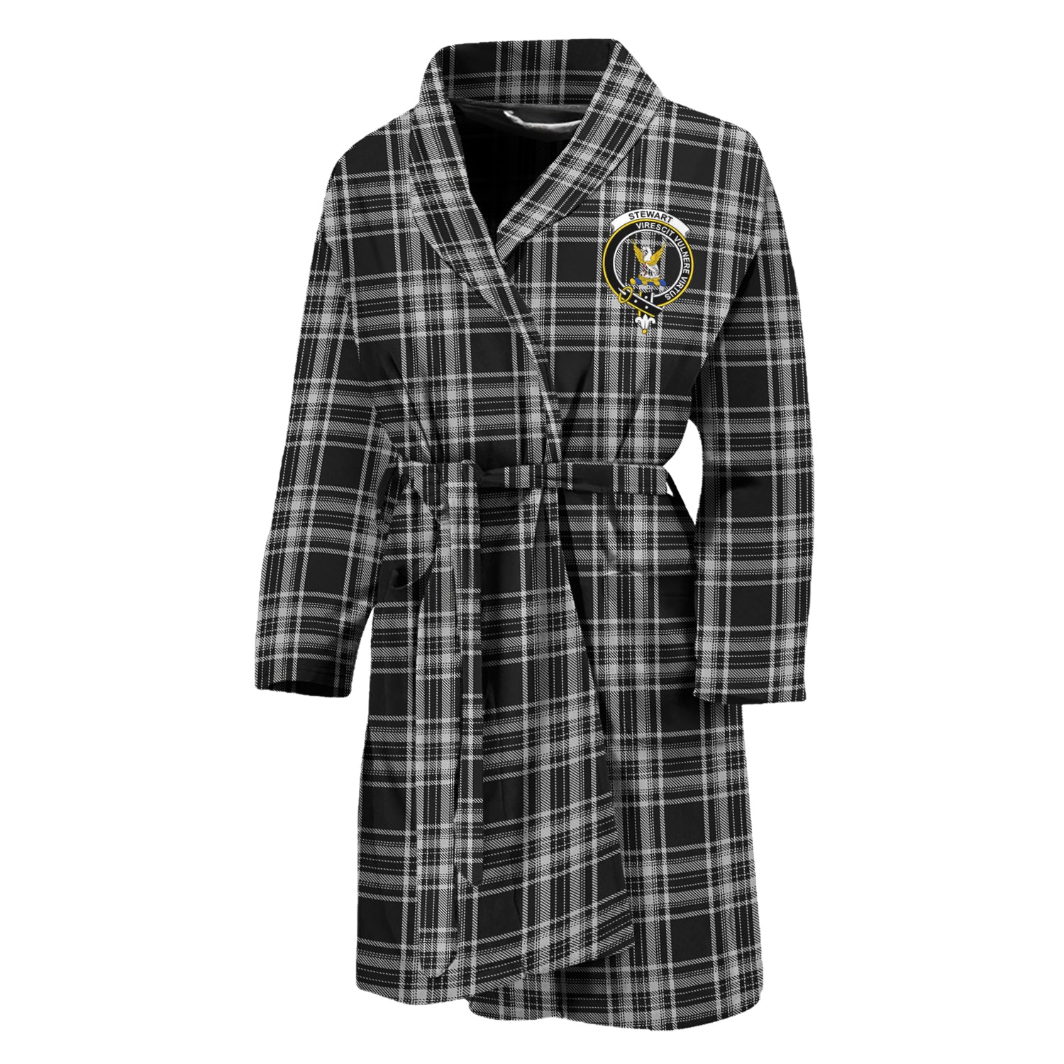 Stewart Black and White Tartan Bathrobe with Family Crest Unisex M - Tartan Vibes Clothing