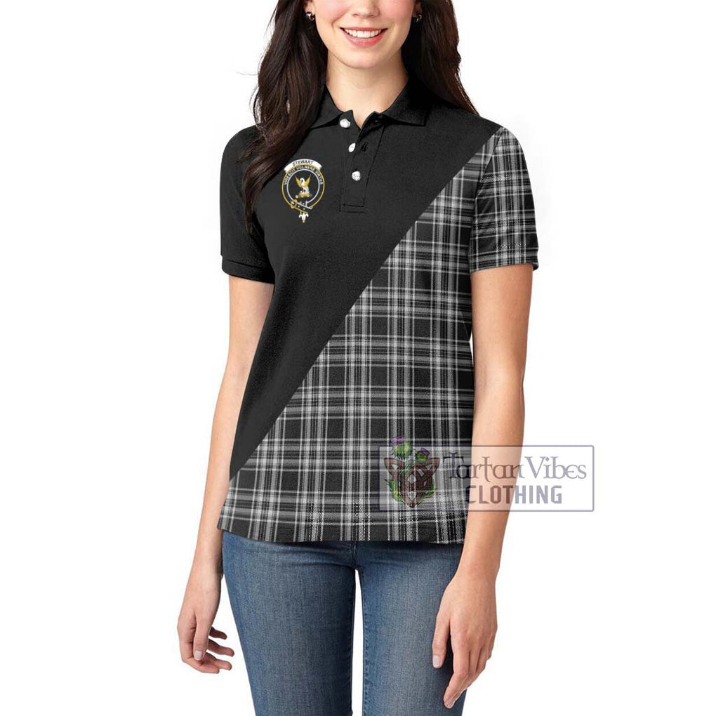 Stewart Black and White Tartan Women's Polo Shirt with Family Crest and Military Logo Style - Tartanvibesclothing Shop