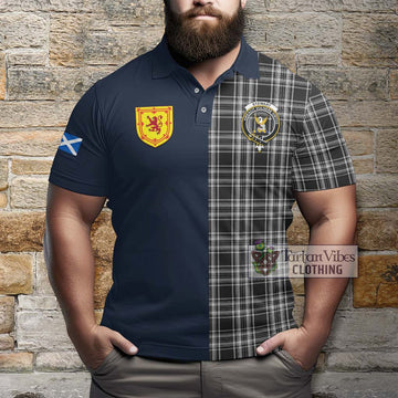 Stewart Black and White Tartan Polo Shirt Alba with Scottish Lion Royal Arm Half Style