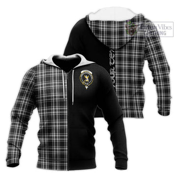 Stewart Black and White Tartan Knitted Hoodie with Family Crest and Half Of Me Style