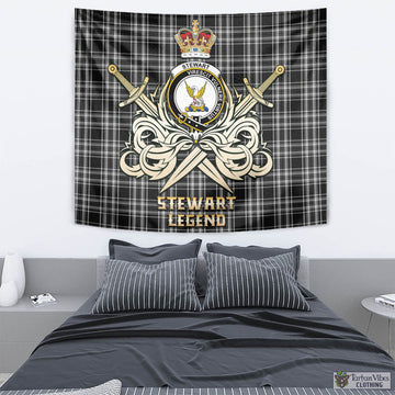 Stewart Black and White Tartan Tapestry with Clan Crest and the Golden Sword of Courageous Legacy