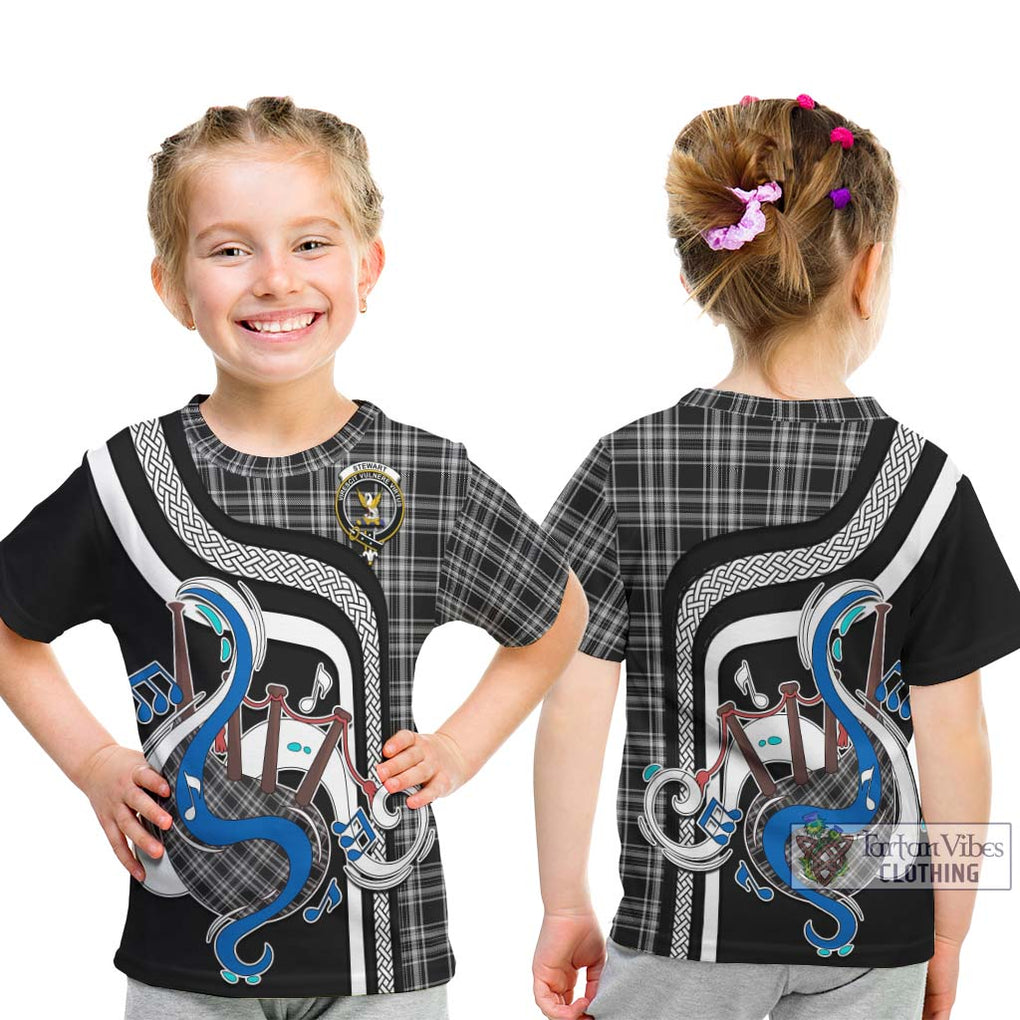 Tartan Vibes Clothing Stewart Black and White Tartan Kid T-Shirt with Epic Bagpipe Style