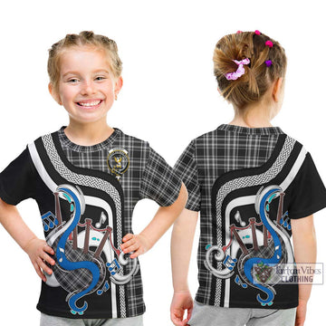 Stewart Black and White Tartan Kid T-Shirt with Epic Bagpipe Style