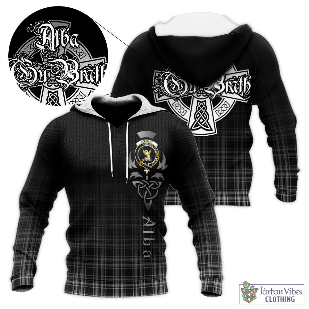 Tartan Vibes Clothing Stewart Black and White Tartan Knitted Hoodie Featuring Alba Gu Brath Family Crest Celtic Inspired