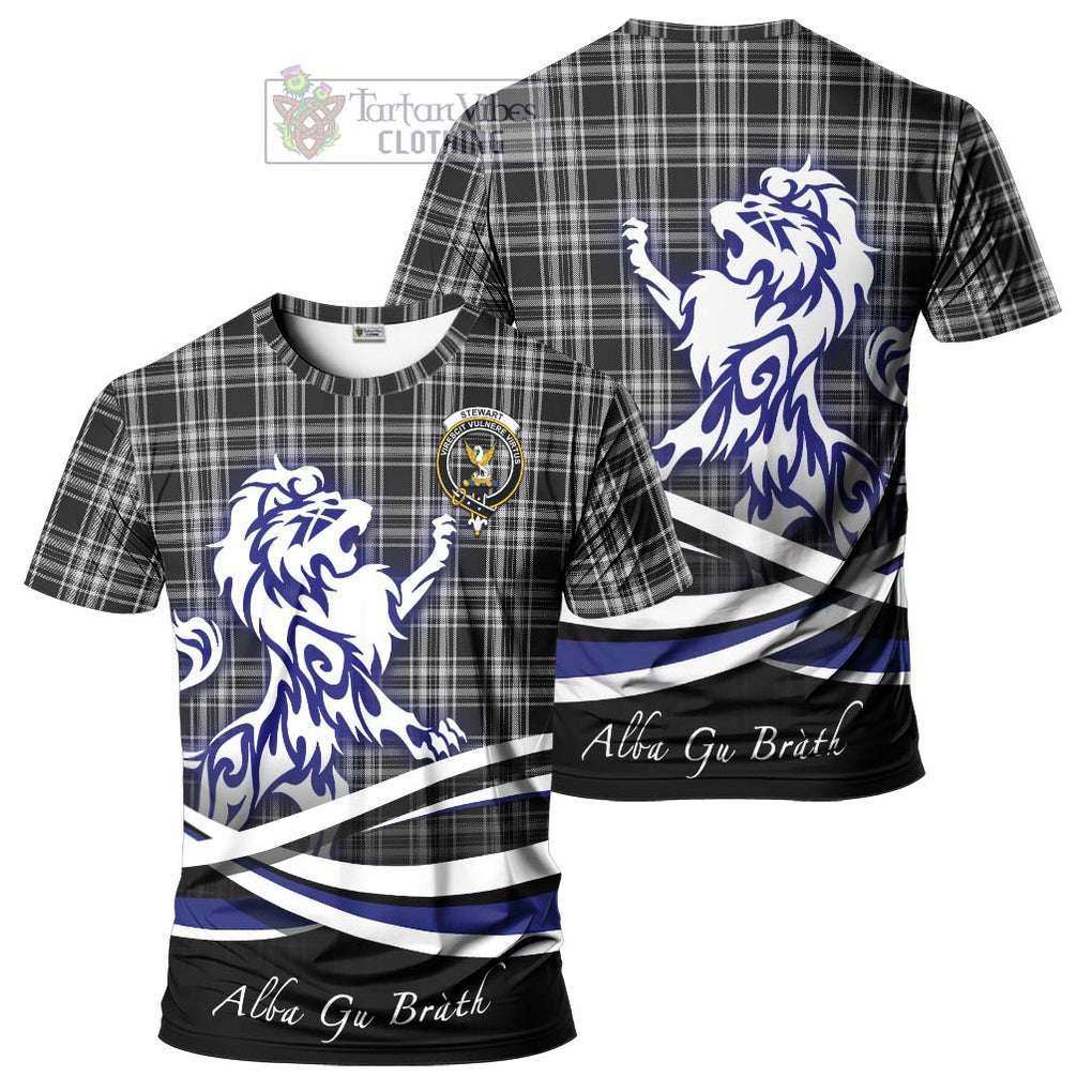 Tartan Vibes Clothing Stewart Black and White Tartan Cotton T-shirt with Alba Gu Brath Regal Lion Emblem