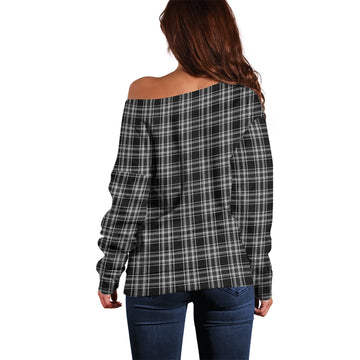 Stewart Black and White Tartan Off Shoulder Women Sweater with Family Crest