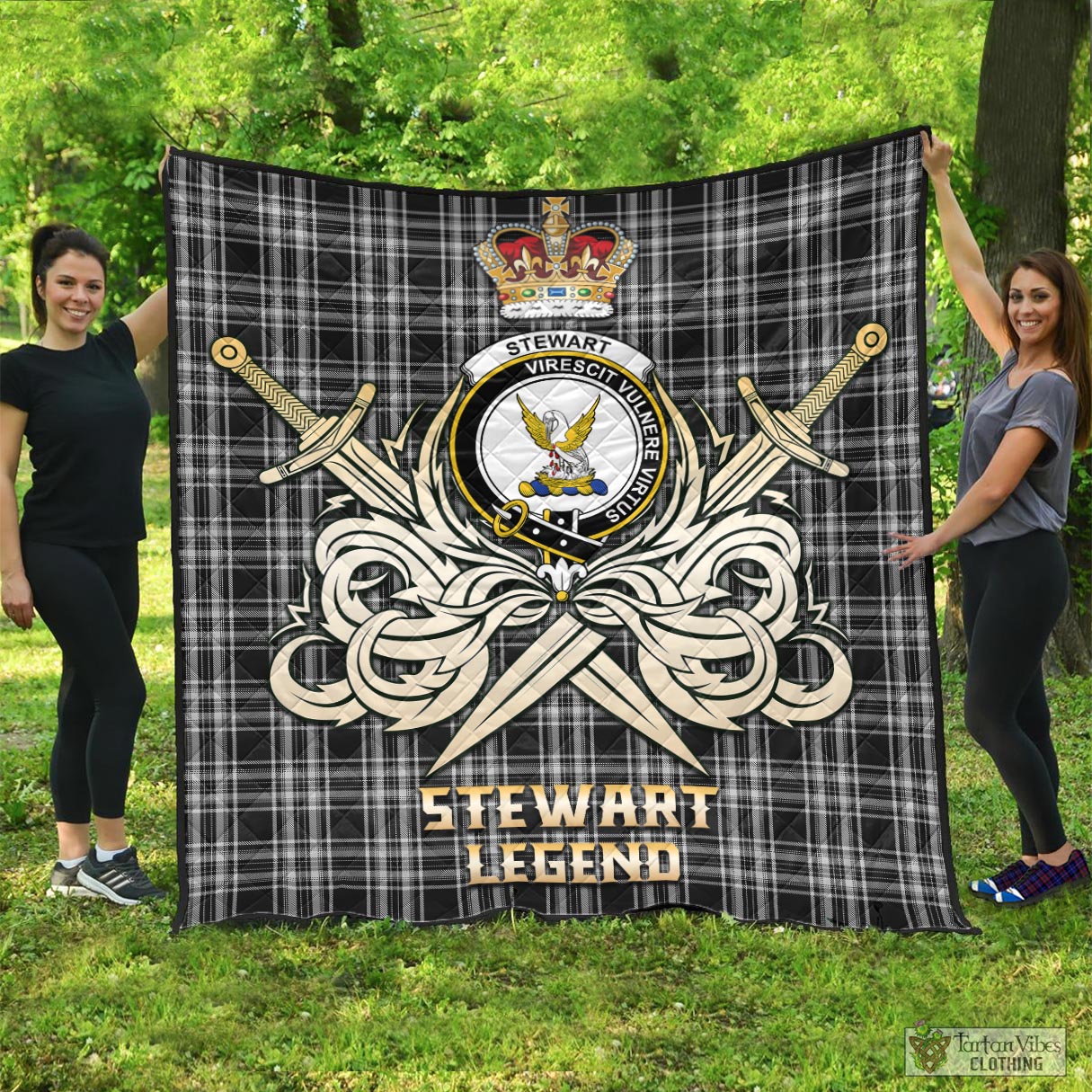 Tartan Vibes Clothing Stewart Black and White Tartan Quilt with Clan Crest and the Golden Sword of Courageous Legacy