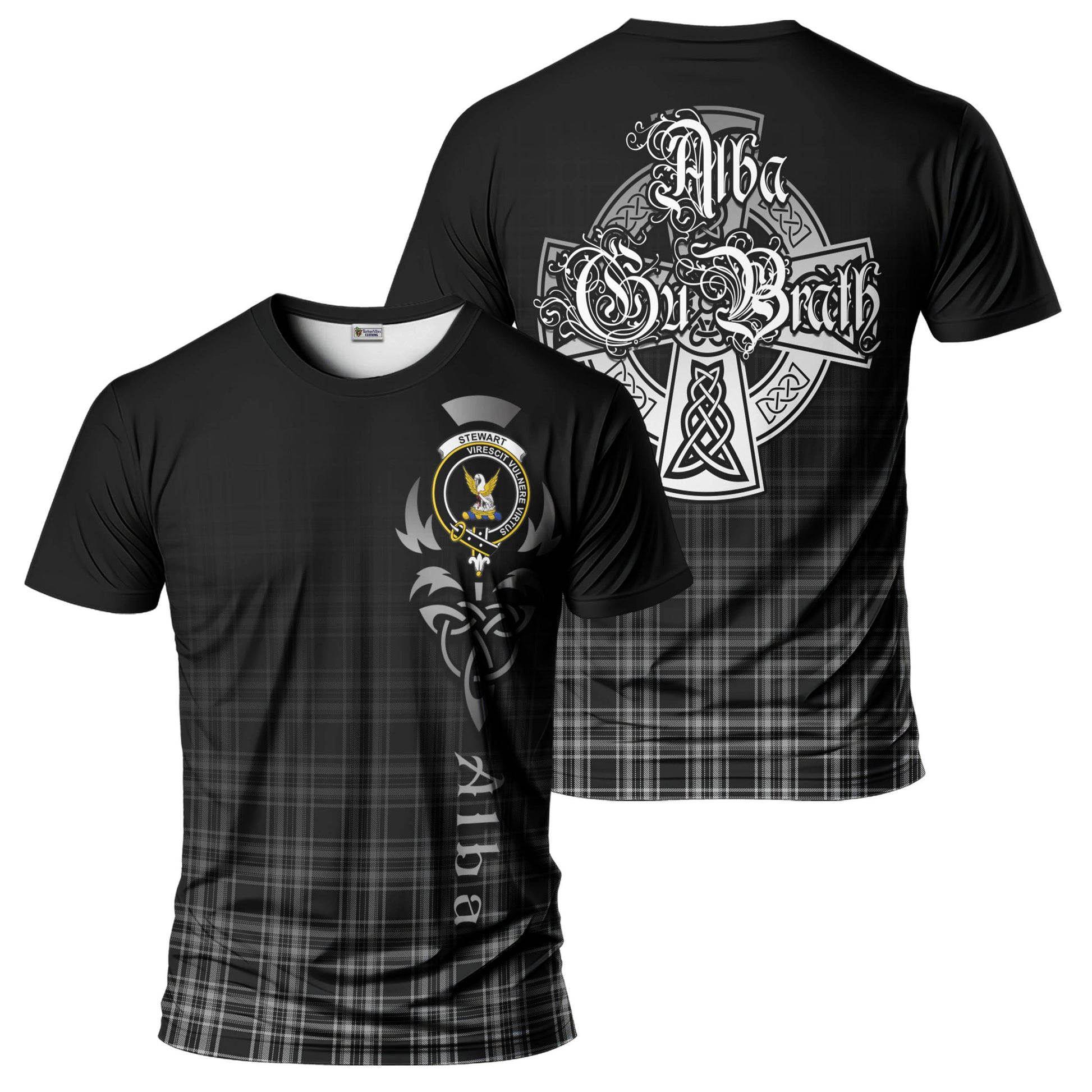 Tartan Vibes Clothing Stewart Black and White Tartan T-Shirt Featuring Alba Gu Brath Family Crest Celtic Inspired