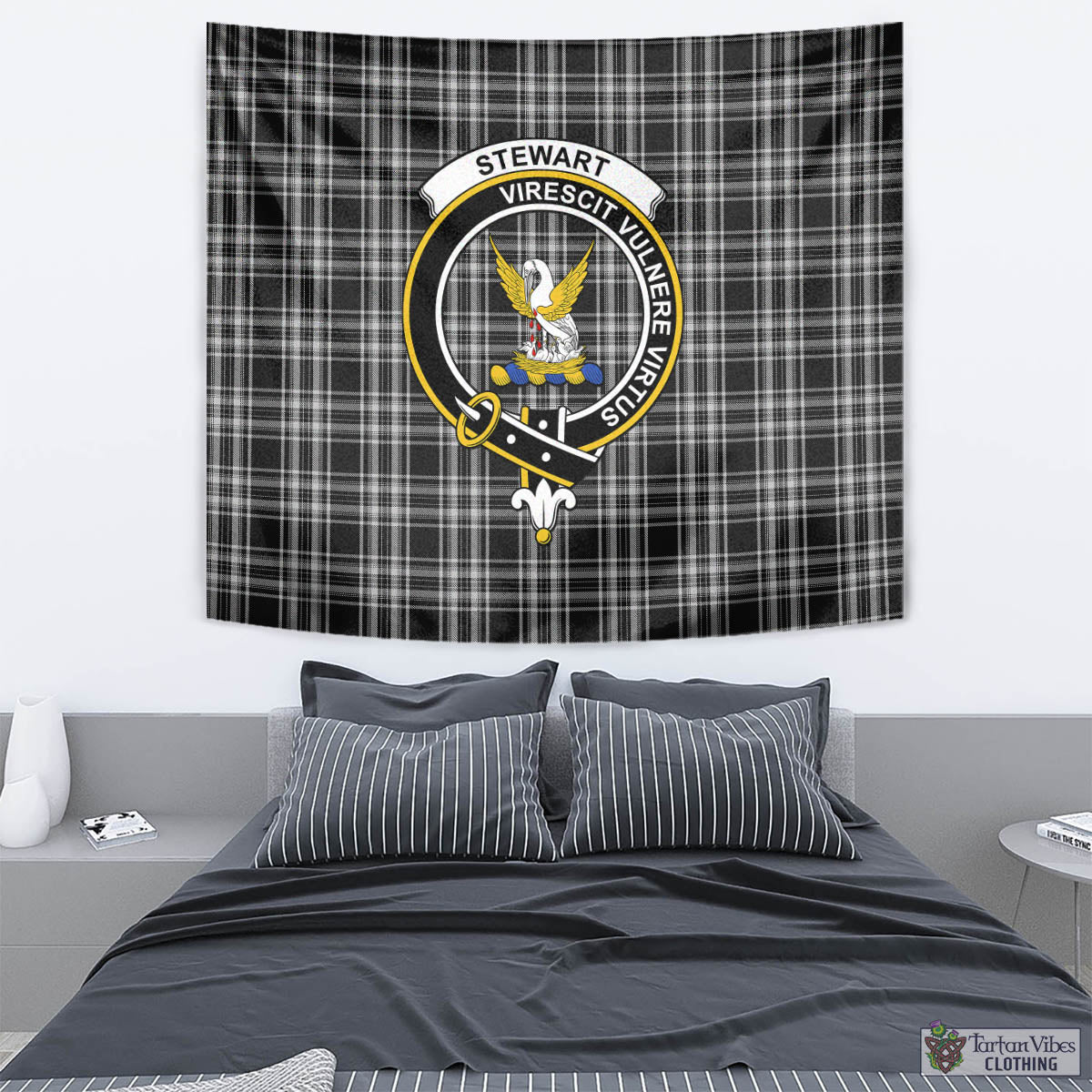 Tartan Vibes Clothing Stewart Black and White Tartan Tapestry Wall Hanging and Home Decor for Room with Family Crest