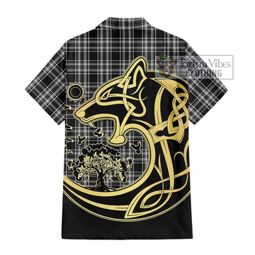 Stewart Black and White Tartan Short Sleeve Button Shirt with Family Crest Celtic Wolf Style