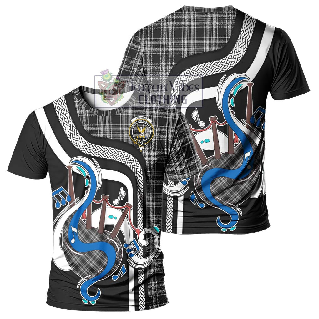 Stewart Black and White Tartan T-Shirt with Epic Bagpipe Style - Tartanvibesclothing Shop