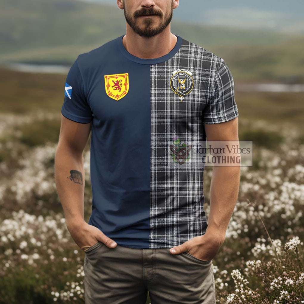 Tartan Vibes Clothing Stewart Black and White Tartan T-Shirt Alba with Scottish Lion Royal Arm Half Style