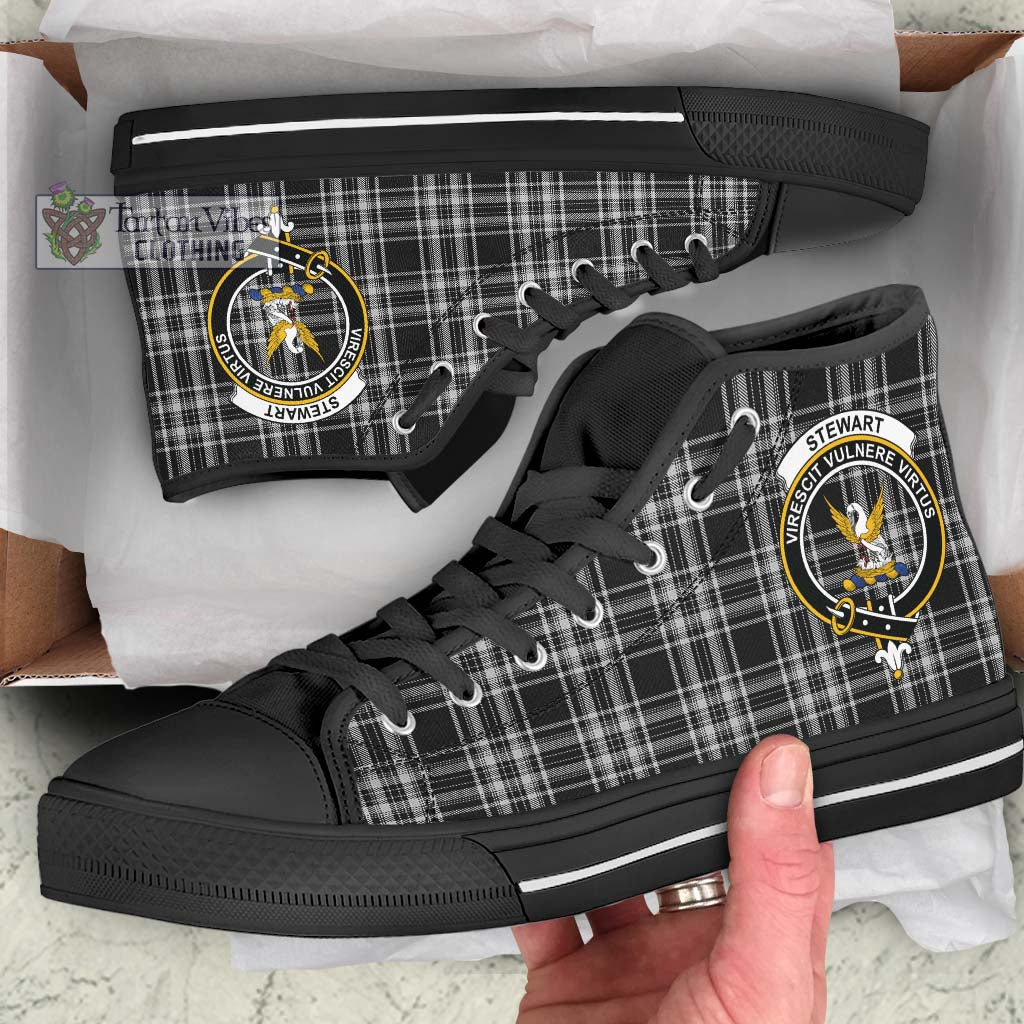 Tartan Vibes Clothing Stewart Black and White Tartan High Top Shoes with Family Crest