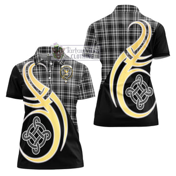 Stewart Black and White Tartan Women's Polo Shirt with Family Crest and Celtic Symbol Style