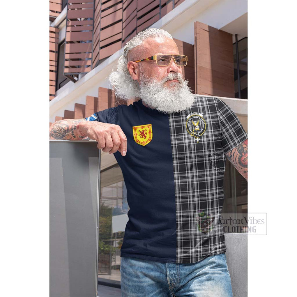 Tartan Vibes Clothing Stewart Black and White Tartan Cotton T-shirt with Scottish Lion Royal Arm Half Style