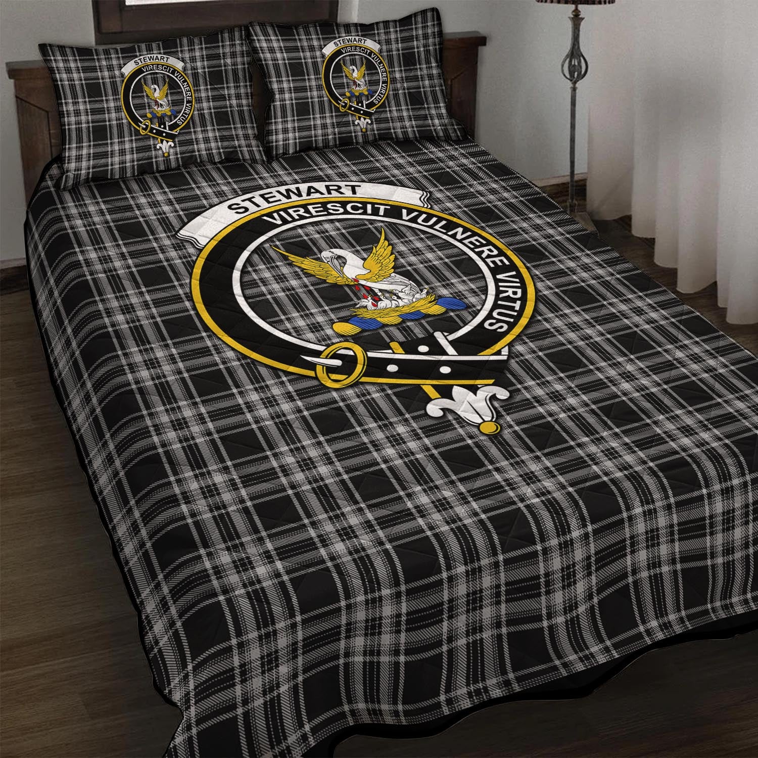 Stewart Black and White Tartan Quilt Bed Set with Family Crest - Tartan Vibes Clothing