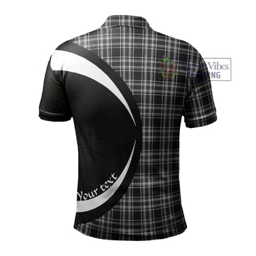 Stewart Black and White Tartan Men's Polo Shirt with Family Crest Circle Style