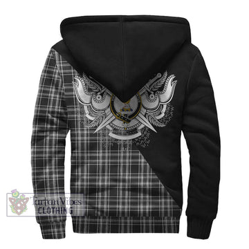 Stewart Black and White Tartan Sherpa Hoodie with Family Crest and Military Logo Style