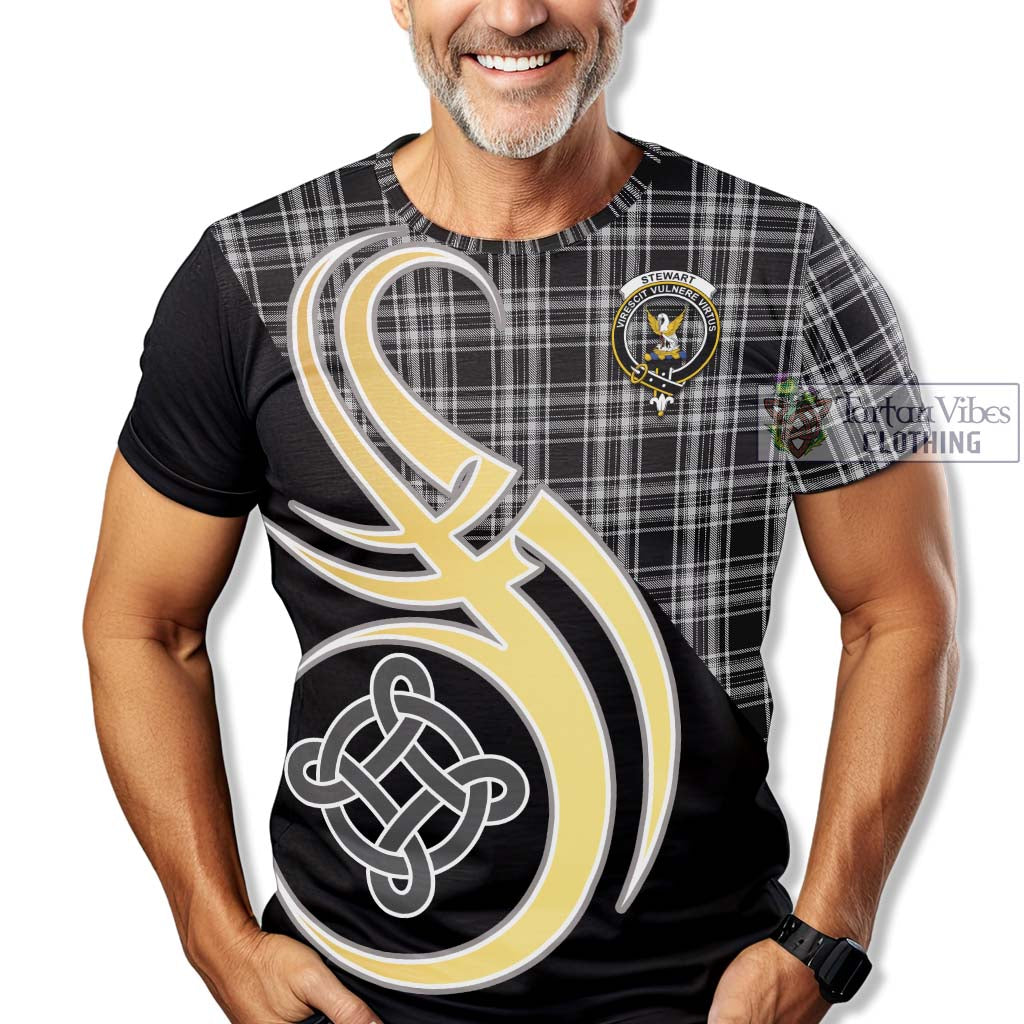 Tartan Vibes Clothing Stewart Black and White Tartan T-Shirt with Family Crest and Celtic Symbol Style