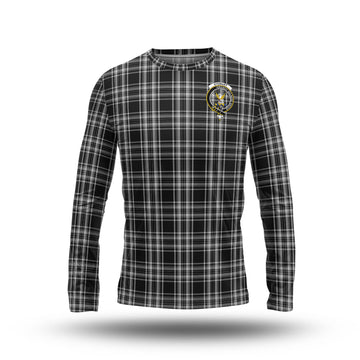 Stewart Black and White Tartan Long Sleeve T-Shirt with Family Crest