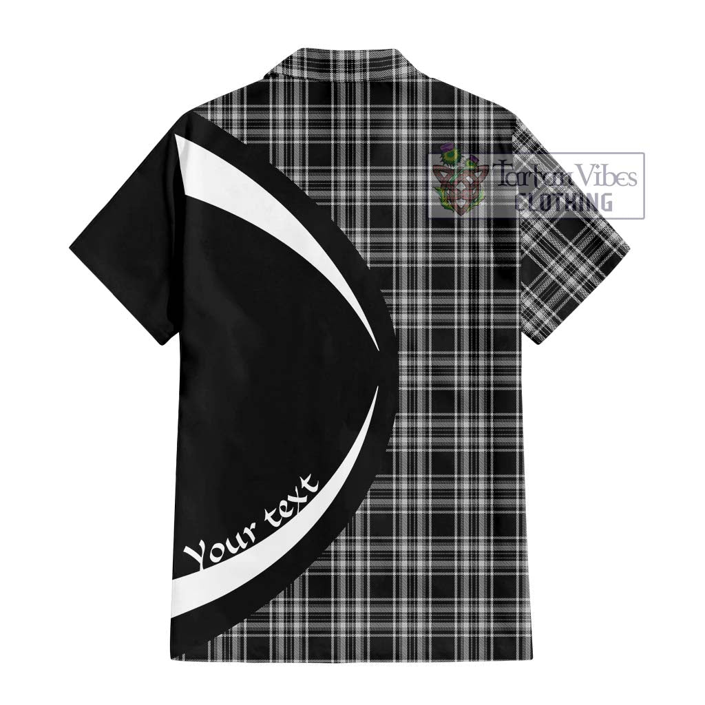 Stewart Black and White Tartan Short Sleeve Button Up with Family Crest Circle Style - Tartan Vibes Clothing