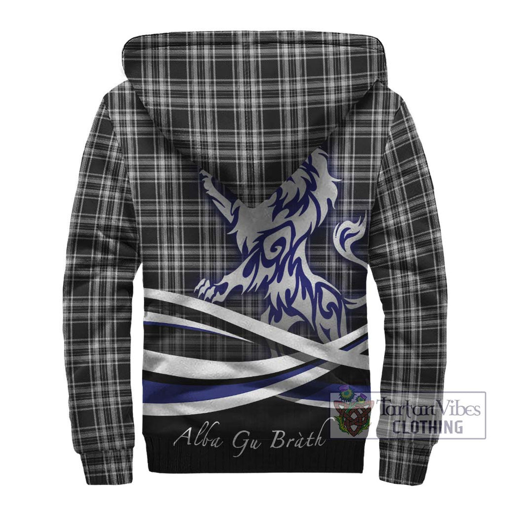 Stewart Black and White Tartan Sherpa Hoodie with Alba Gu Brath Regal Lion Emblem - Tartanvibesclothing Shop