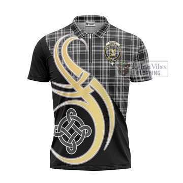 Stewart Black and White Tartan Zipper Polo Shirt with Family Crest and Celtic Symbol Style