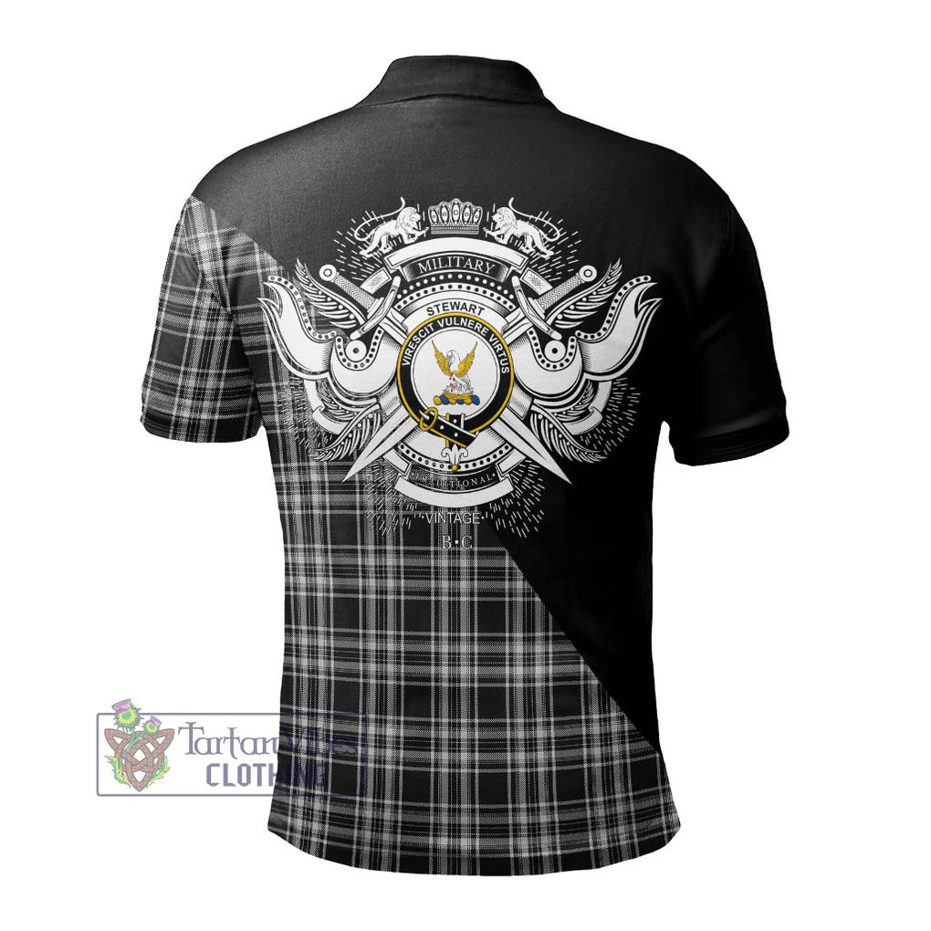 Stewart Black and White Tartan Polo Shirt with Family Crest and Military Logo Style - Tartanvibesclothing Shop